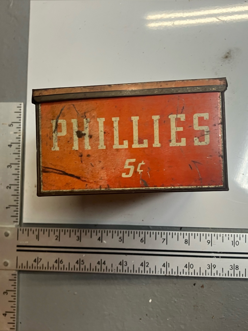 Phillies 5¢ Vintage Tin Candy/Cigarette Box - Orange